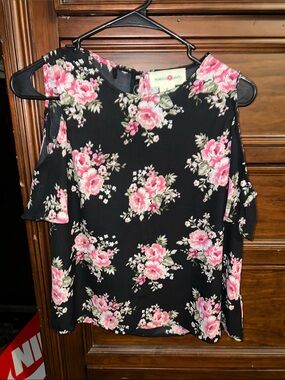 Wishful Park Black Cold-Shoulder Blouse with Pink Floral Print